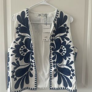 Zara White Vest with Navy Embroidery